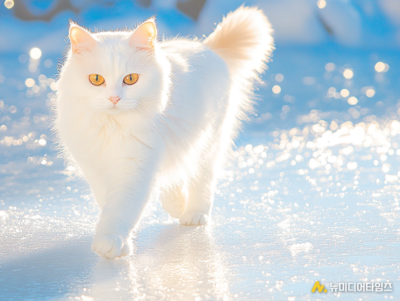 강의를 들으면서 만든 영어 프롬프트로 만든 AI 그림 '꽁꽁 얼어 붙은 한강물 위의 고양이' = 유호 작가