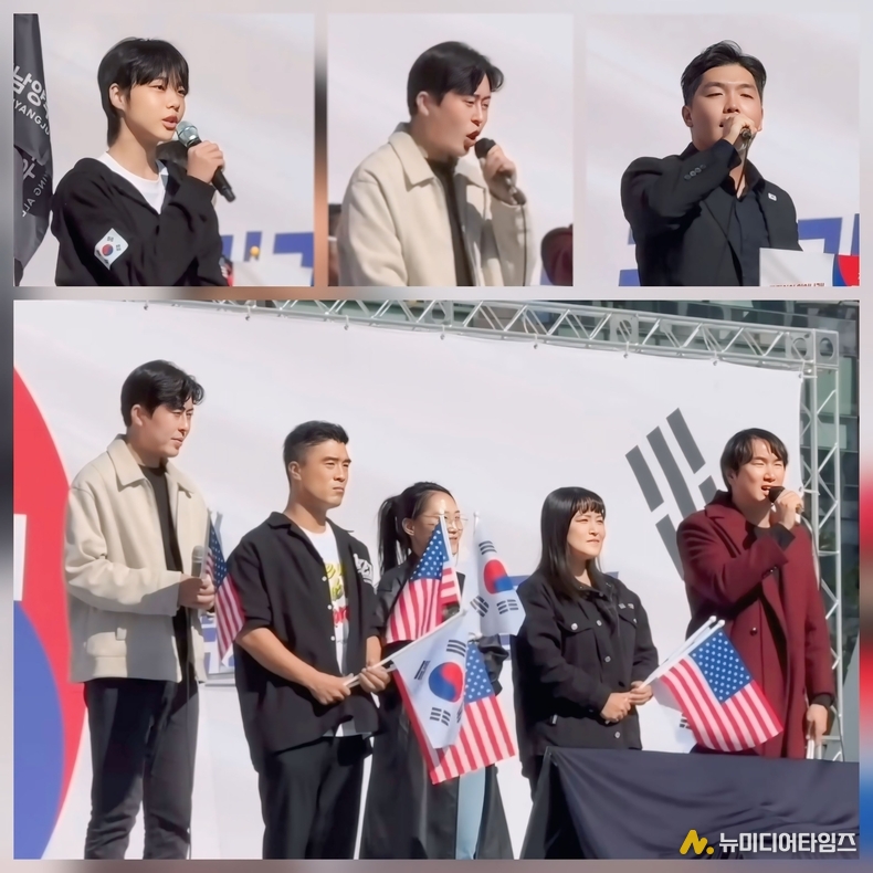 광화문 국민대회서 청년들의 절규, "학교서 거짓된 역사를 배웠다. 이승만·박정희 왜곡 교육 중단하라!”/ 출처=정의구현 박완석