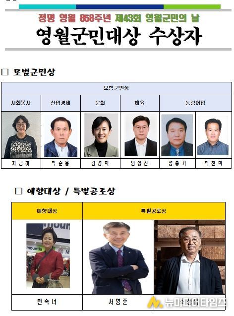『제43회 영월군민의 날』 군민대상 수상자 확정