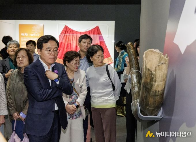 진교훈 서울 강서구청장(맨 앞)이 ‘돌멩이 약방, 약이 되는 돌 이야기’ 특별전에 참석해 전시품을 살펴보고 있다.