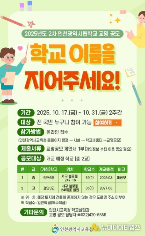 신설 중 ‧고교 2곳 명칭 공모