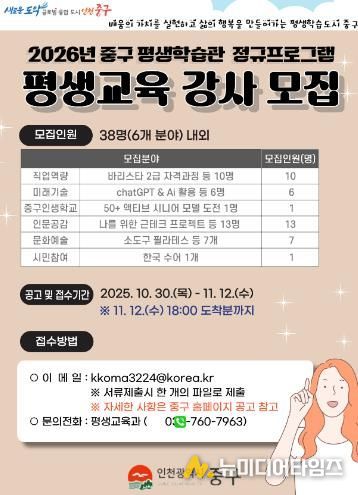 중구 평생학습관, 2026년 정규 프로그램 강사 공개 모집