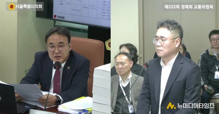 윤기섭 의원(국민의힘·노원5)이 지난 4일 교통위원회 회의실에서 실시된 행정사무감사에서 최영우 피유엠피 대표에게 질의를 하고 있다.