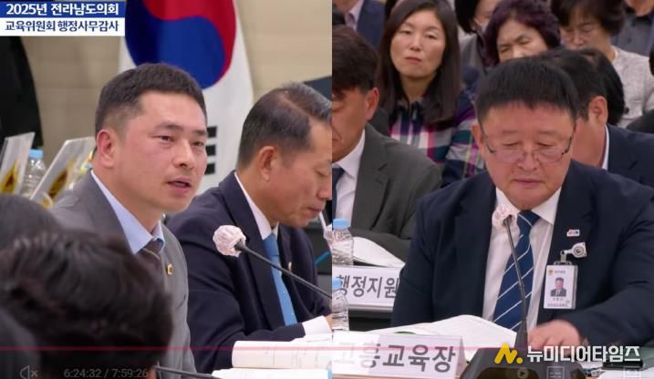 임형석 전남도의원(더불어민주당ㆍ광양1)이 11월 6일, 순천교육지원청에서 열린 행정사무감사에서 고흥교육지원청 권형선 교육장에게 질의하고 있다.