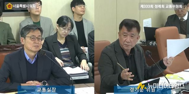 경기문 의원(국민의힘·강서6)이 지난 5일 교통위원회 회의실에서 열린 행정사무감사에서 여장권 교통실장에게 질의하고 있다.