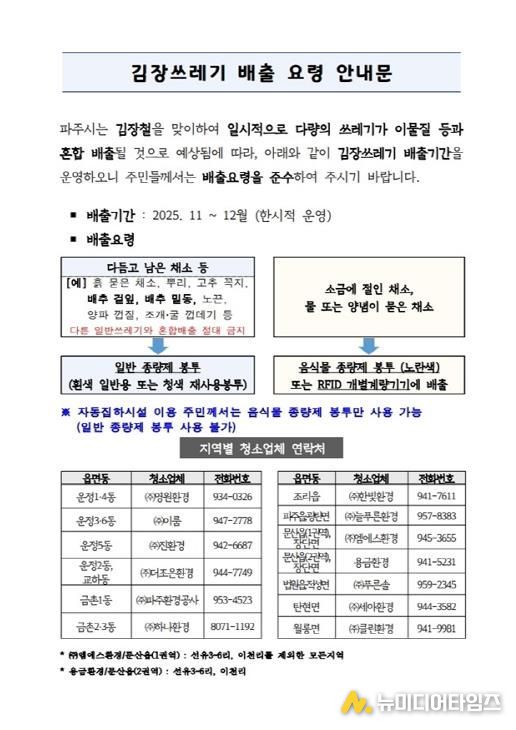 파주시, 동절기 김장 쓰레기 특별 수거 기간 운영