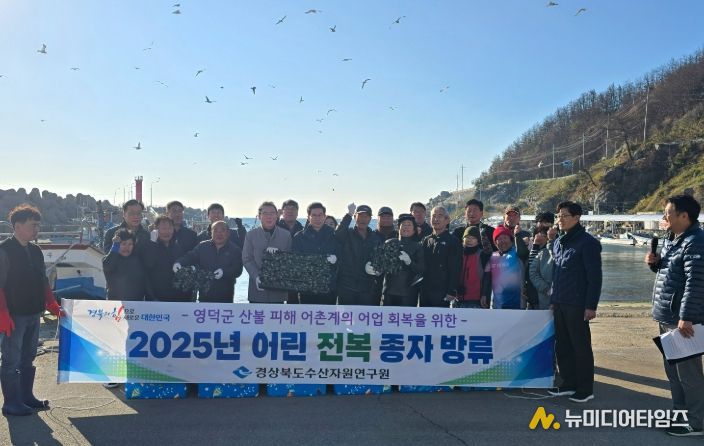 영덕군이 경북 수산자원연구원과 함께 어린 전복을 방류하고 있다