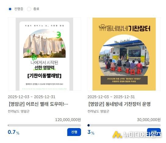 영암군, 고향사랑기금 지정기부 모금 중…기찬이동빨래방, 기찬장터 운영비