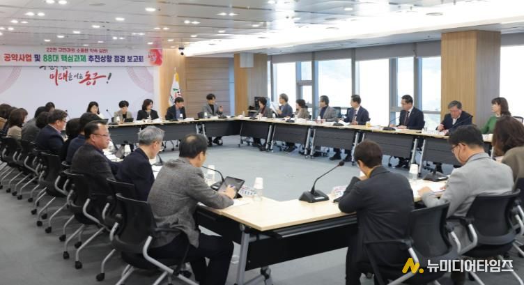 박희조 동구청장이 공약사업 및 핵심과제 추진상황 보고회에서 발언하고 있다