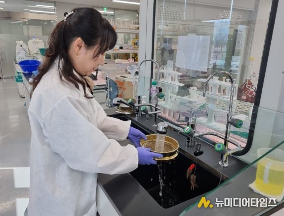 농산물안전분석센터 토양검정 담당자가 체가름법으로 성토토양 모래함량을 분석하고 있는 모습