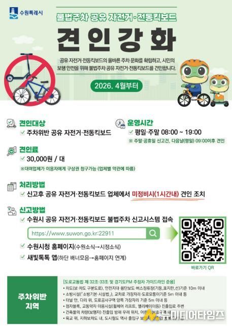 수원시 공유 전동킥보드(PM)·자전거 불법주차 신고시스템 확대 홍보물