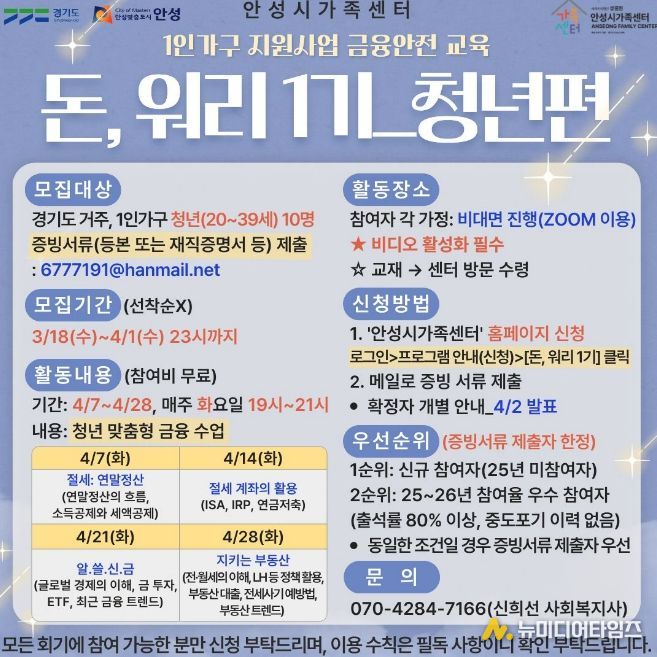 안성시 가족센터, 1인 가구 지원사업...금융안전 교육 '돈, 워리 1기' 청년 참여자 모집