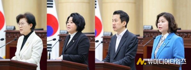 안산시의회가 8일 본회의장에서 제302회 임시회 제2차 본회의를 열고 시정질문과 5분 자유발언을 진행했다. 사진 왼쪽부터 이날 시정질문에 임한 박은경 의원과 5분 자유발언에 나선 김진숙 송바우나 박은정 의원의 모습.