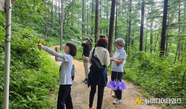 교원연수 참여자가 연수활동 중 실외 프로그램인 숲오감체험을 하고 있다. 한국산림복지진흥원 국립횡성숲체원 제공